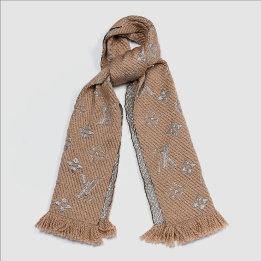 LOUIS VUITTON LV Beige Neutral Logomania Shine Monogram Scarf Tan Grey Wool Silk - Picture 7 of 16